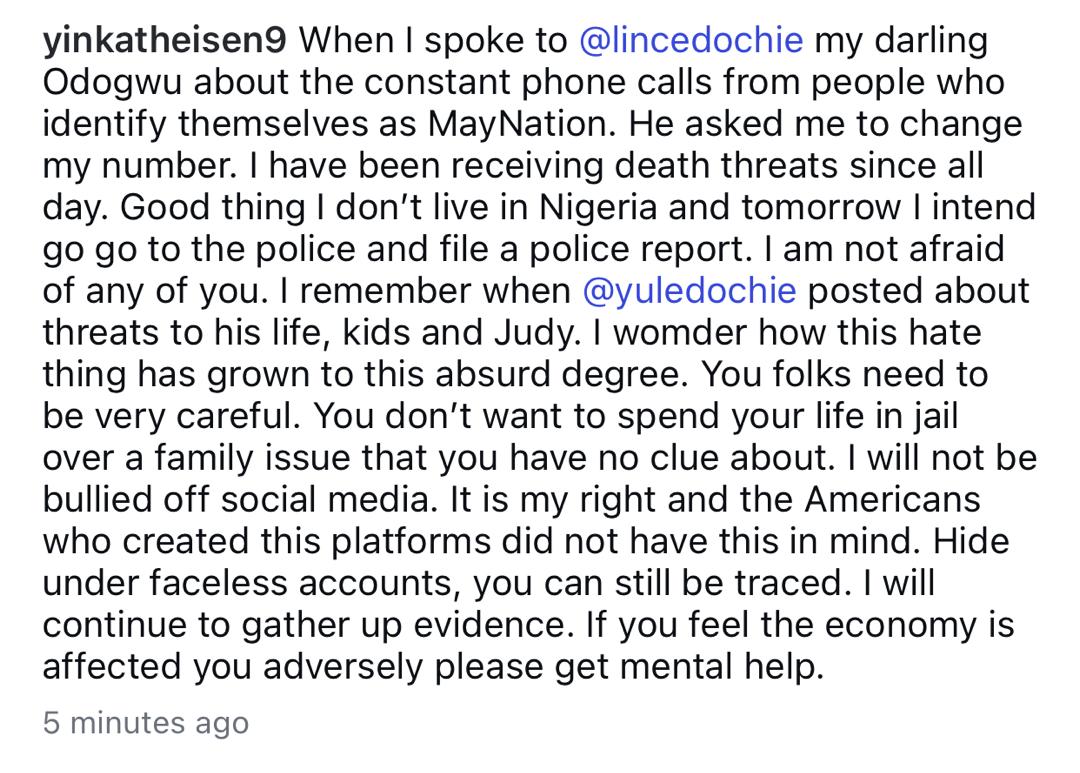 Linc Edochie?s new wife, Yinka, claims she has been receiving de@th threats from people identifying themselves as May Nation